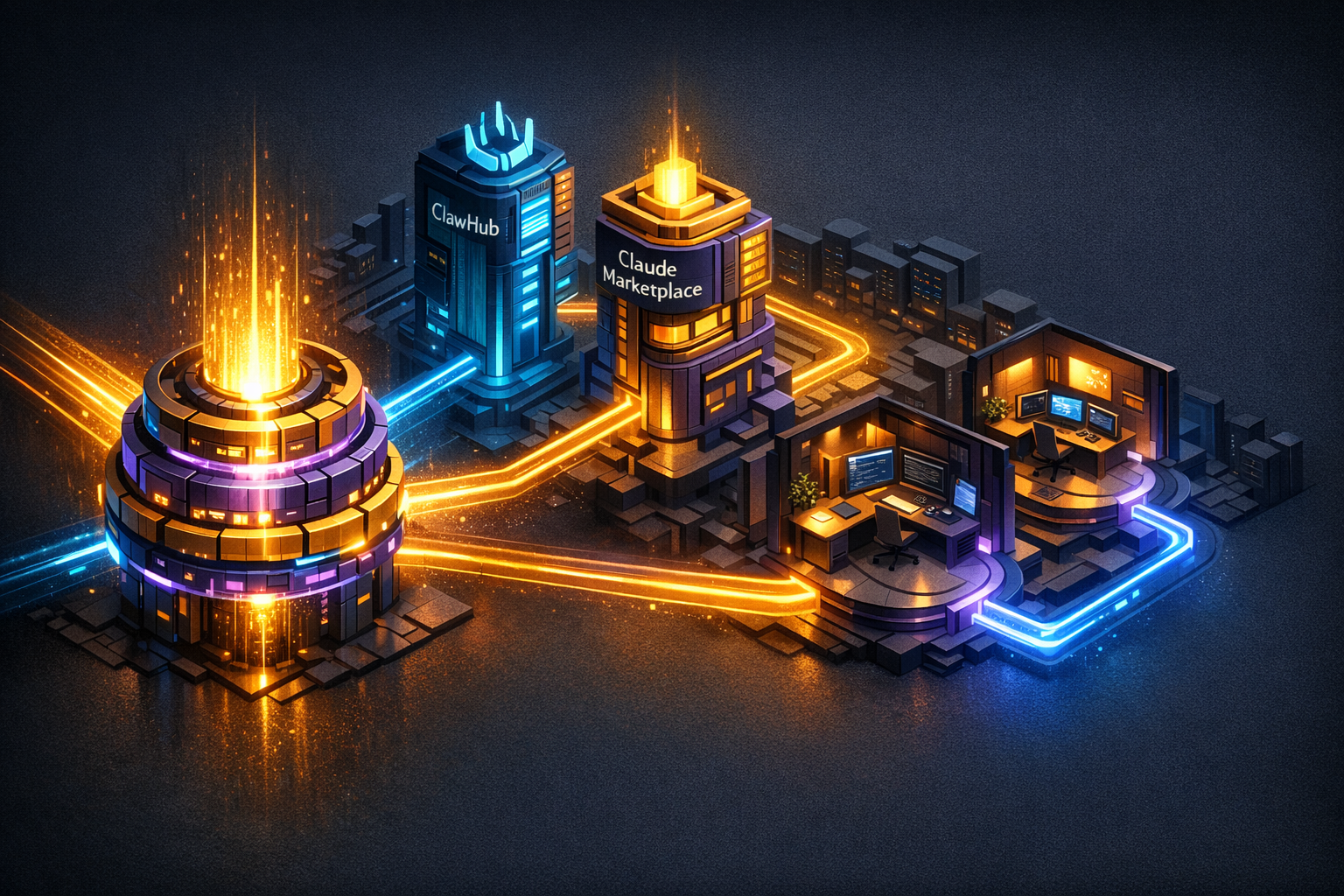Create an isometric architectural scene on a dark graphite background with electric blue, deep purple, and warm gold accents. Split the image into three labeled visual zones: left zone shows a central