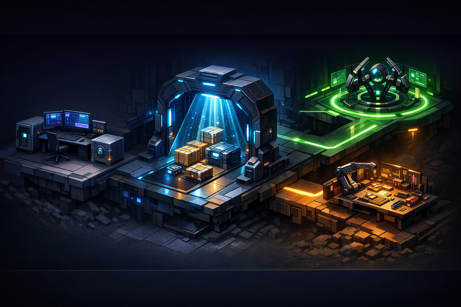 A polished isometric command-center scene on a dark charcoal background with deep purple, electric blue, and warm gold accents. Left zone shows a calm workstation labeled visually by icons only: a des