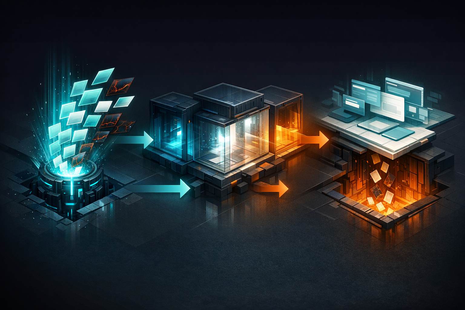 A cinematic isometric security scene on a dark graphite background with electric teal and warning orange accents. Left zone: a glowing AI core producing streams of response cards, some clean (teal-bor
