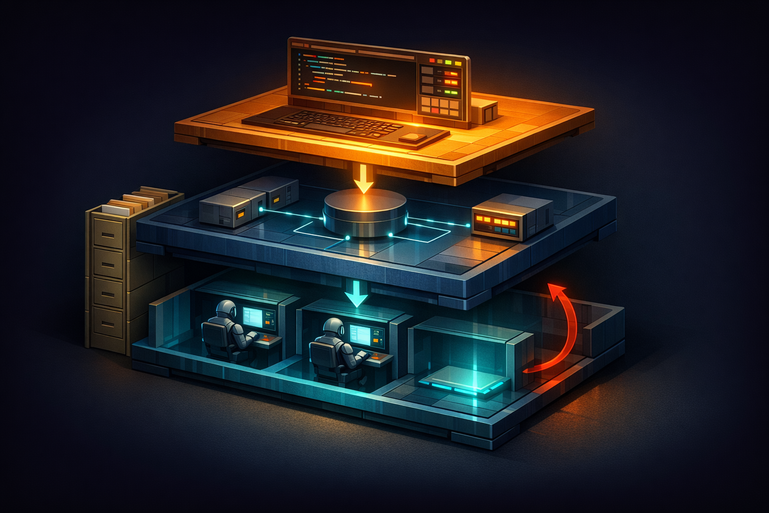 Isometric cutaway of the ESS monorepo architecture. Three horizontal layers stacked vertically on a dark charcoal background. Top layer in warm amber: "Operator Surface" showing a terminal or console