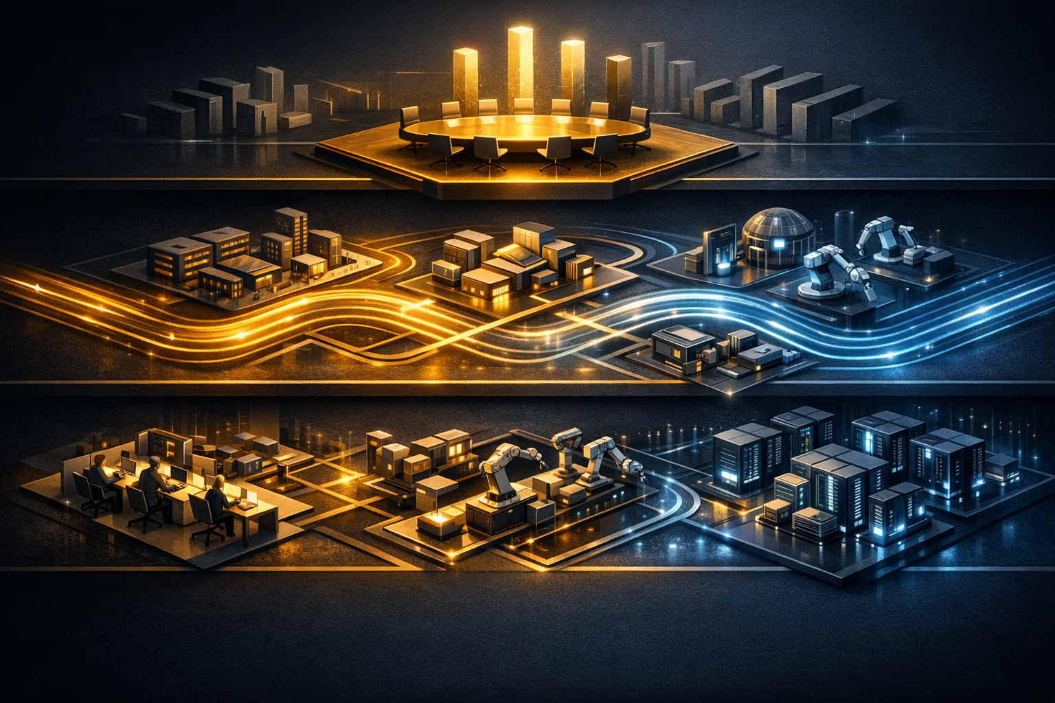 Create an isometric executive strategy landscape on a dark navy background with gold and white accents. Divide the composition into three horizontal zones labeled conceptually by visual treatment only