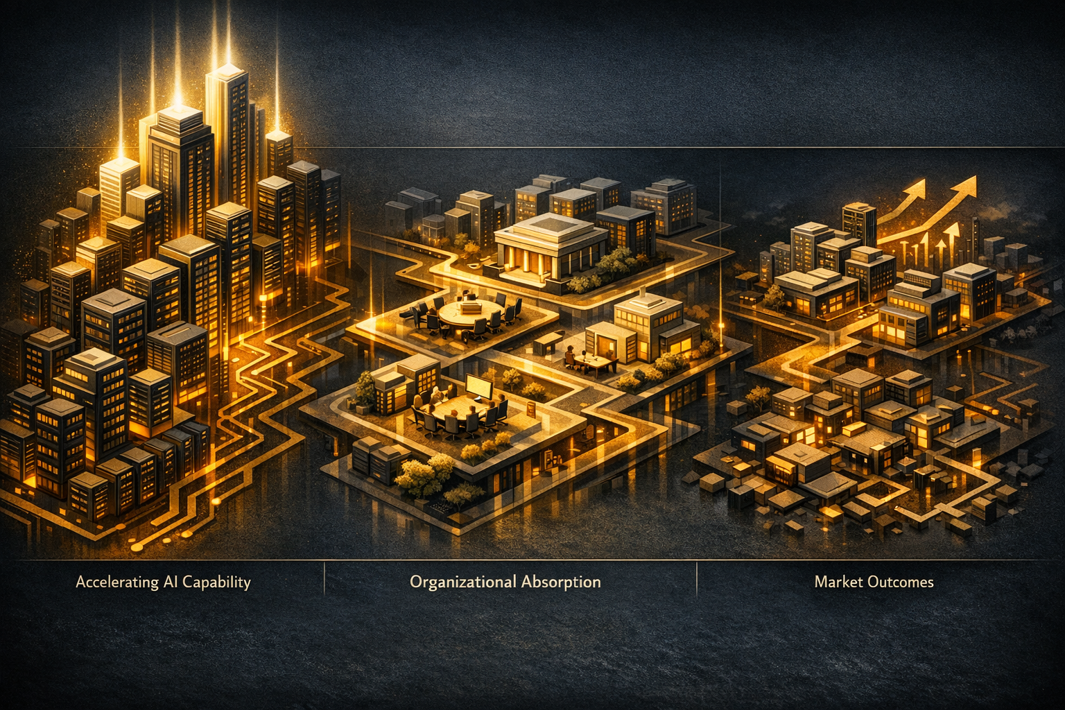 Create a sophisticated isometric editorial diagram on a dark slate background with amber and ivory accents. Divide the image into three horizontal zones from left to right: accelerating AI capability,