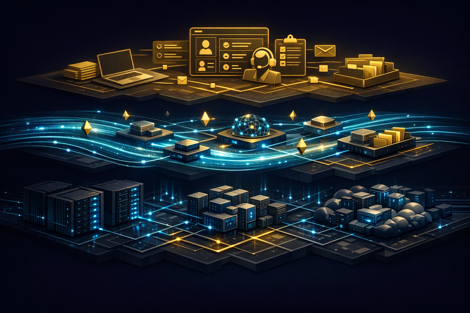 Create an editorial-style isometric illustration with three clean horizontal layers on a deep navy background. The bottom layer, labeled "Infrastructure Layer," should show stylized data center racks,