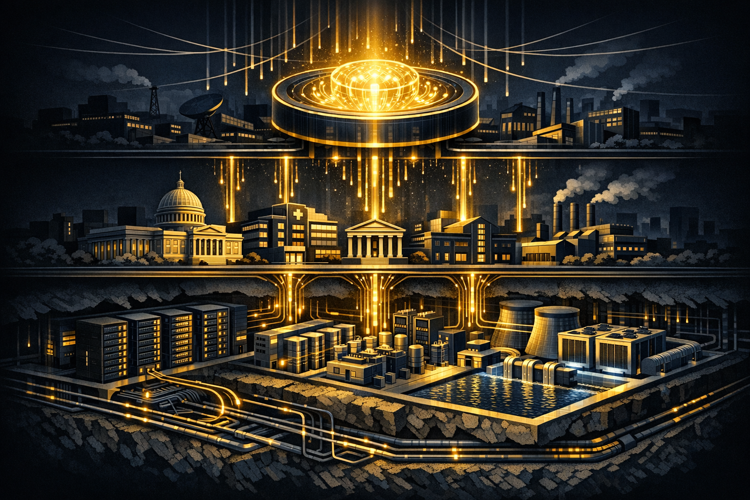 Create a sophisticated editorial isometric scene on a dark navy background with deep gold and white accents. The image should be divided into three horizontal zones. At the bottom: massive physical in