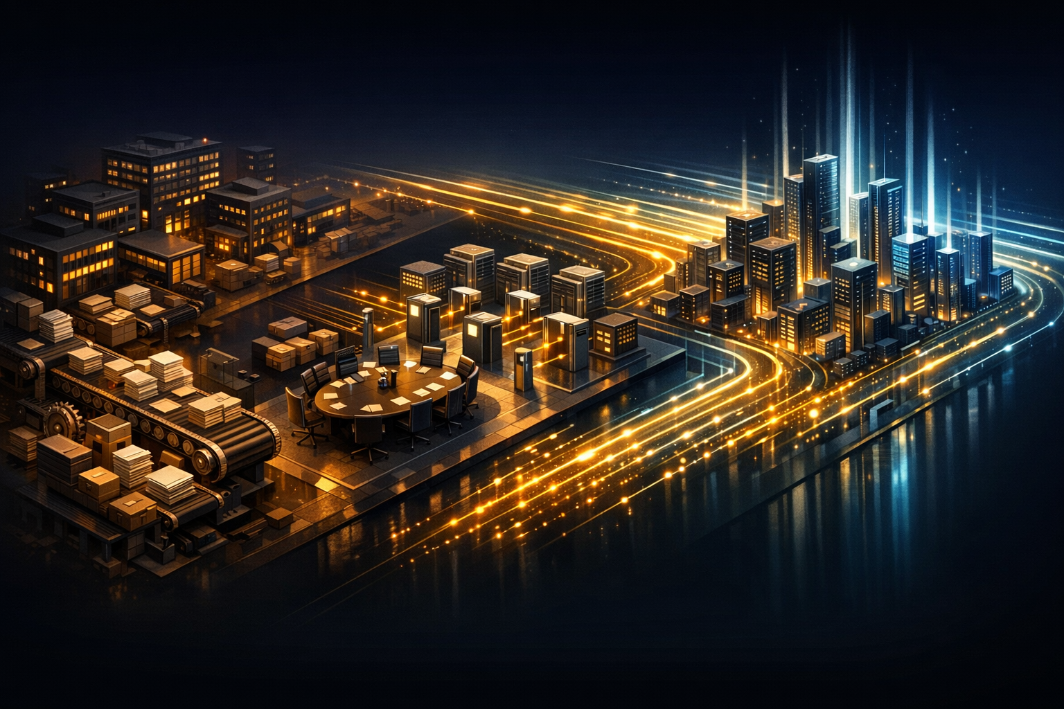 Create an isometric executive strategy landscape on a dark navy background with gold and white accents. Divide the image into three clearly labeled visual zones flowing left to right: (1) Left zone —