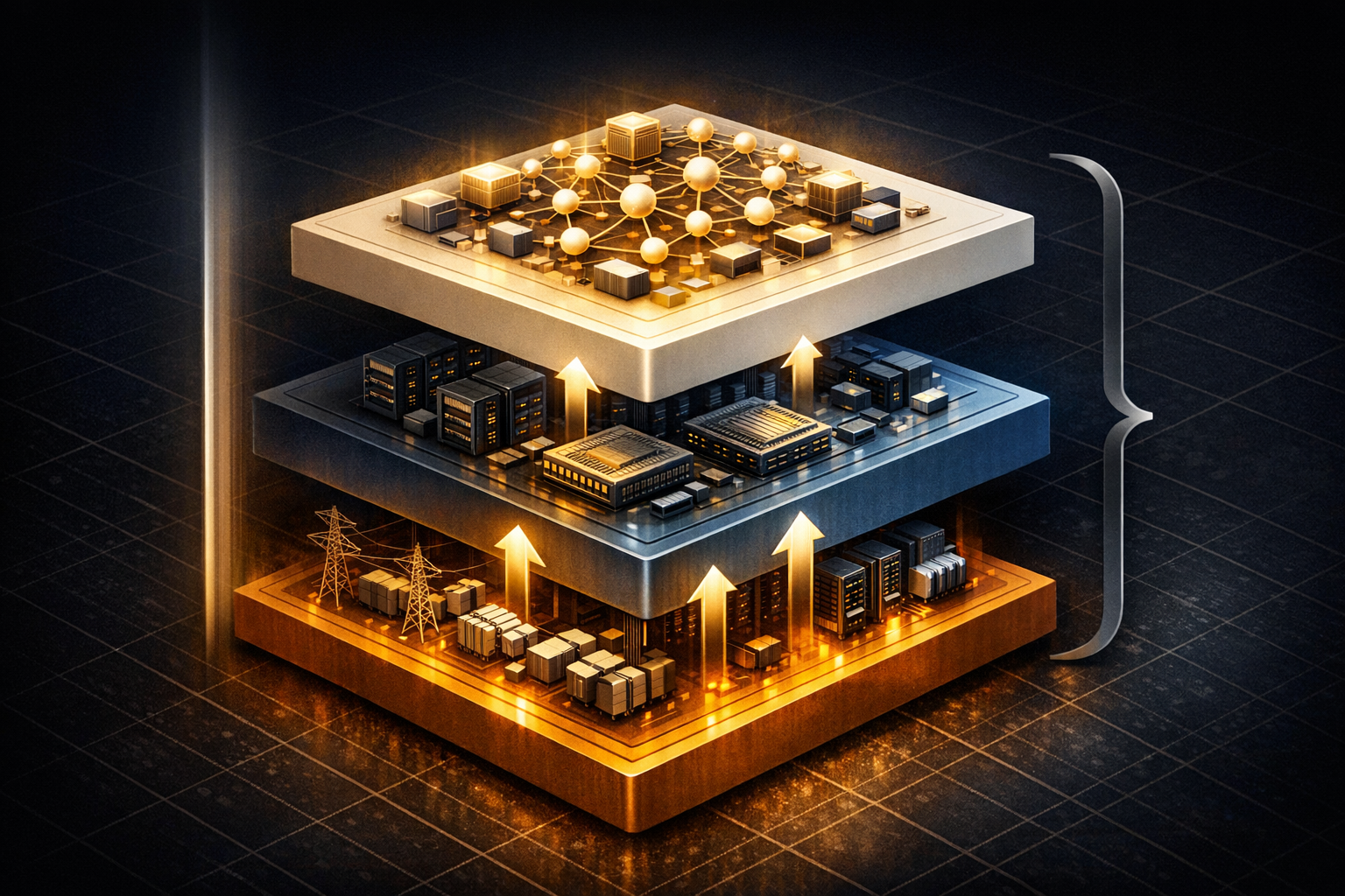 A clean editorial illustration showing a three-layer vertical stack on a dark navy background. The bottom layer, in amber, is labeled "Power & Energy." The middle layer, in steel blue, is labeled "Com