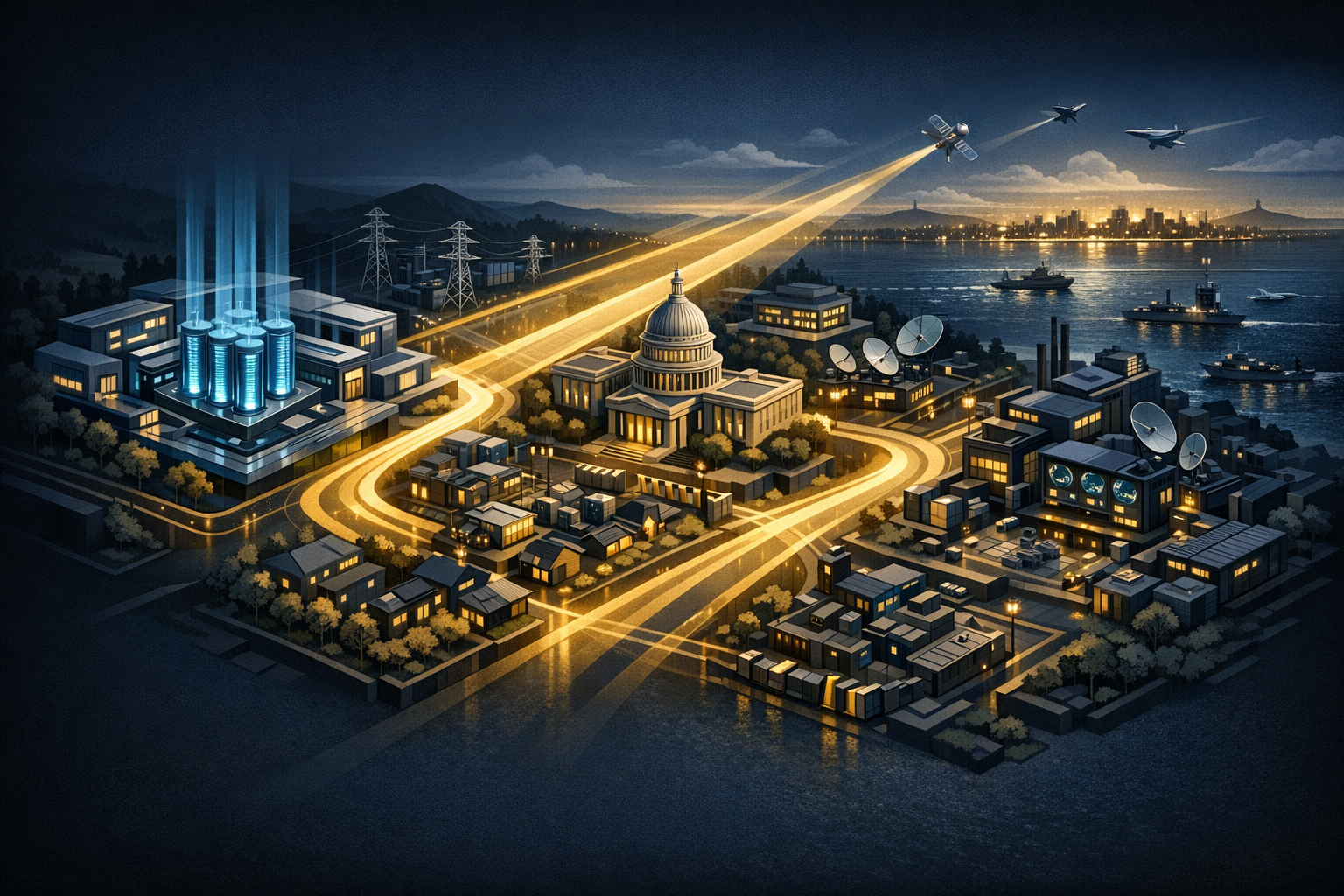 Create an isometric editorial-style strategic landscape on a dark slate background with deep navy, muted gold, and soft white accents. Divide the image into three clearly separated zones from left to