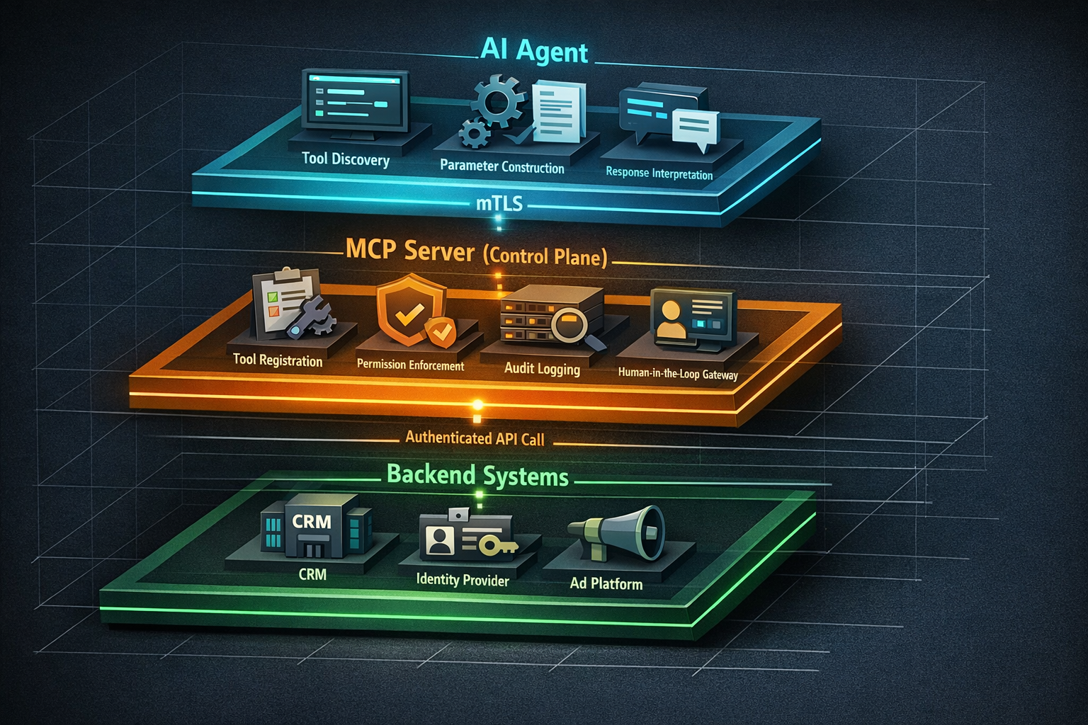 MCP trust boundary architecture showing three tiers: AI Agent with MCP Client, MCP Server control plane with permission enforcement and audit logging, and Backend Systems