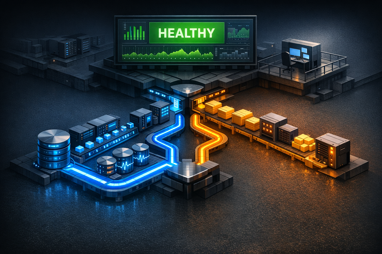 An isometric infrastructure illustration showing two task pipelines diverging from a single intake point. The primary path, labeled "Database Control Plane," is rendered in electric blue with clear ch