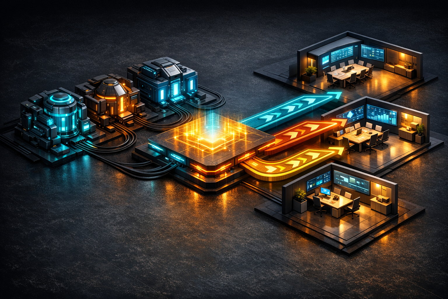 Create an isometric architectural scene on a dark slate background with electric cyan and warm amber accents. Divide the visual into three horizontal zones. On the left, show a row of interchangeable