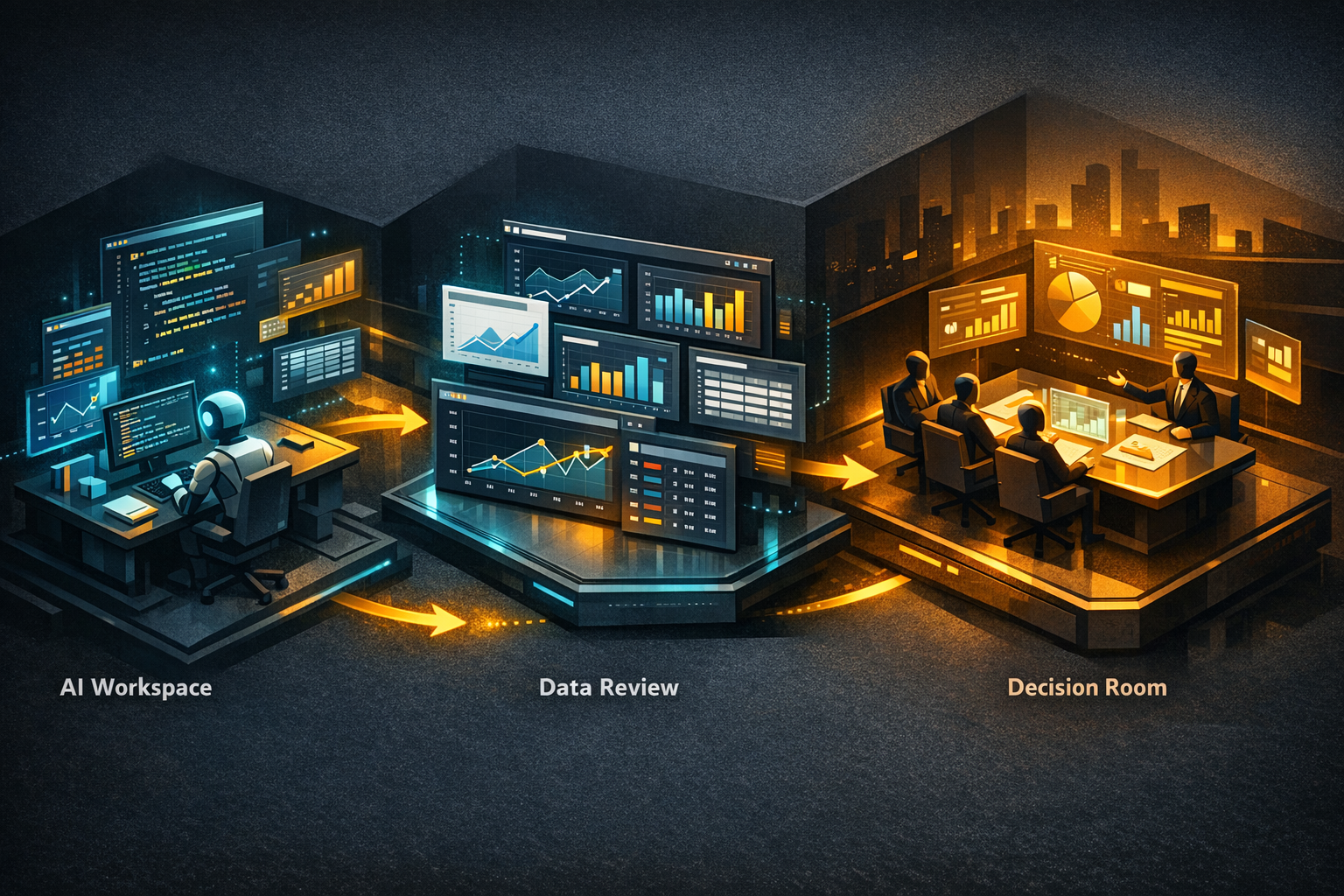 Create an isometric editorial-style architectural scene on a dark slate background with amber and electric cyan accents. Divide the composition into three left-to-right zones: on the left, an AI agent