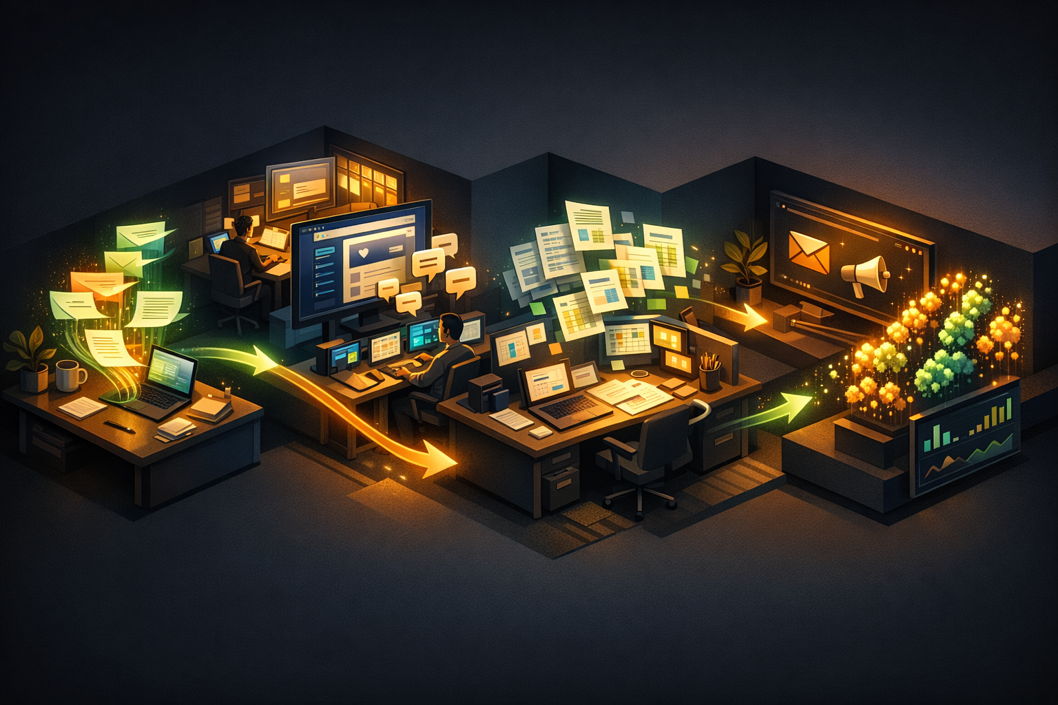 Create an isometric small-business operations scene on a dark charcoal background with warm amber and emerald highlights. Divide the image into four connected zones from left to right: a front-office