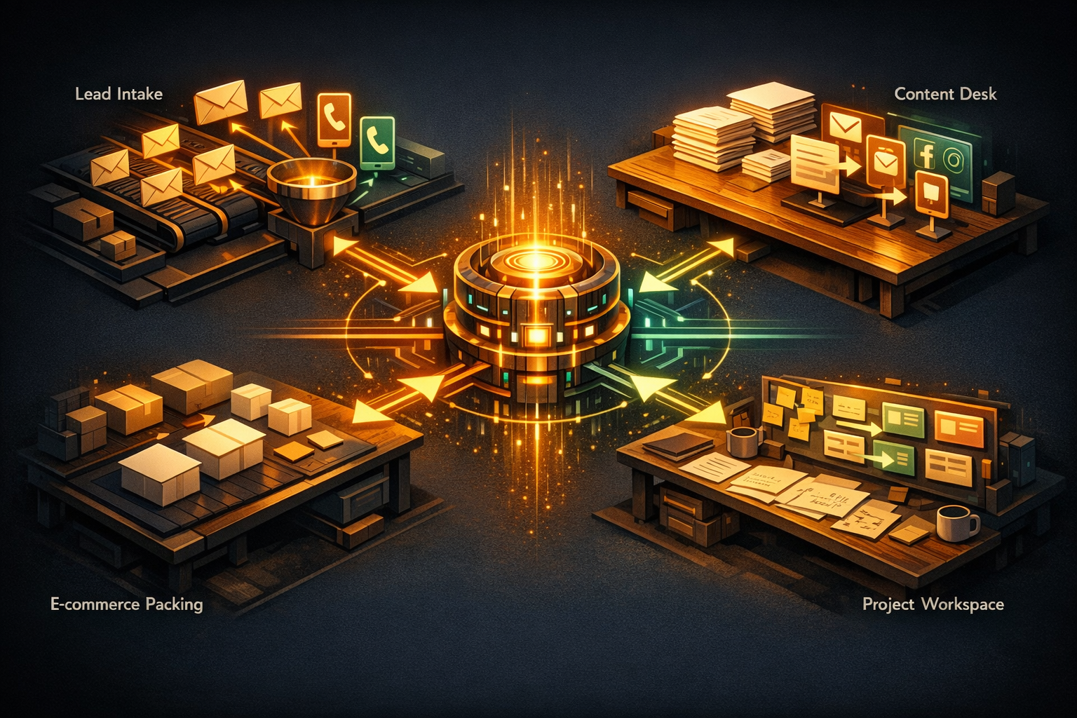 Create an isometric small-business operations studio on a dark charcoal background with a warm amber and emerald palette. Divide the scene into four clearly labeled visual zones without text: top left