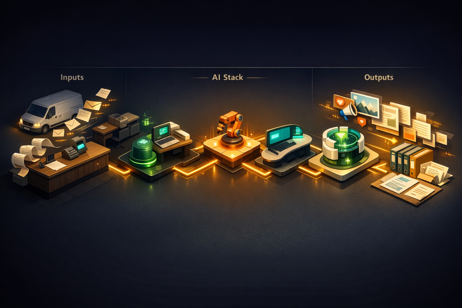 An isometric small-business operations studio on a dark charcoal background with warm amber, emerald, and cream accents. Three clearly separated zones flow left to right. Left zone ("Inputs"): stylize
