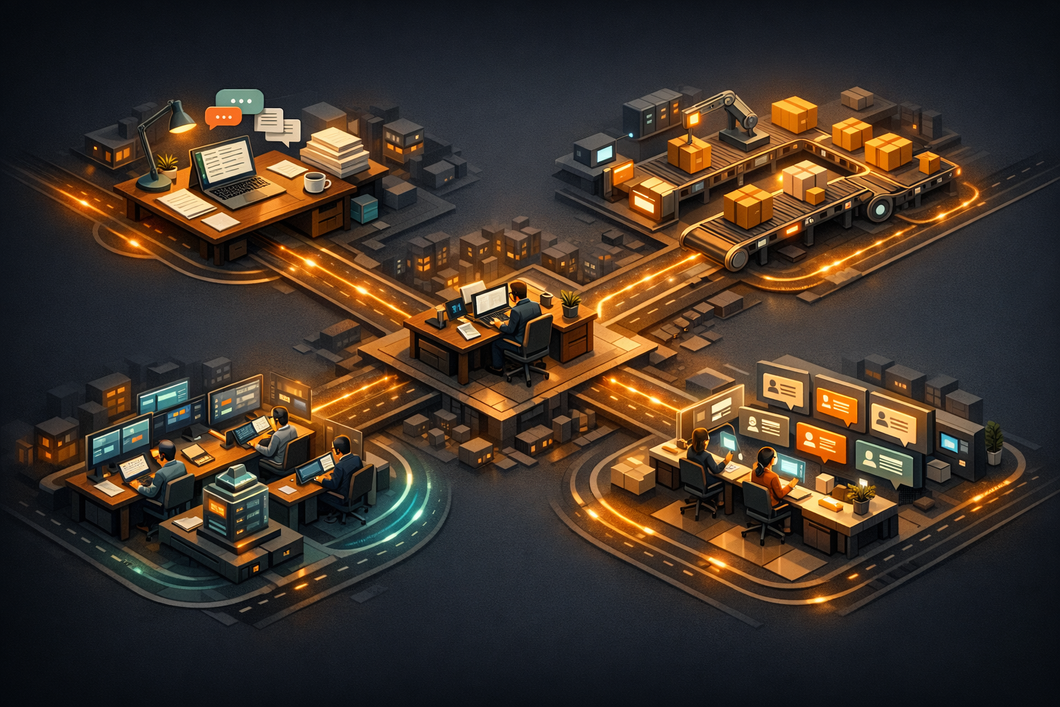 A polished isometric decision-map on a dark charcoal background with warm amber, muted teal, and soft ivory accents. In the center, a small business owner's desk with four paths branching outward like