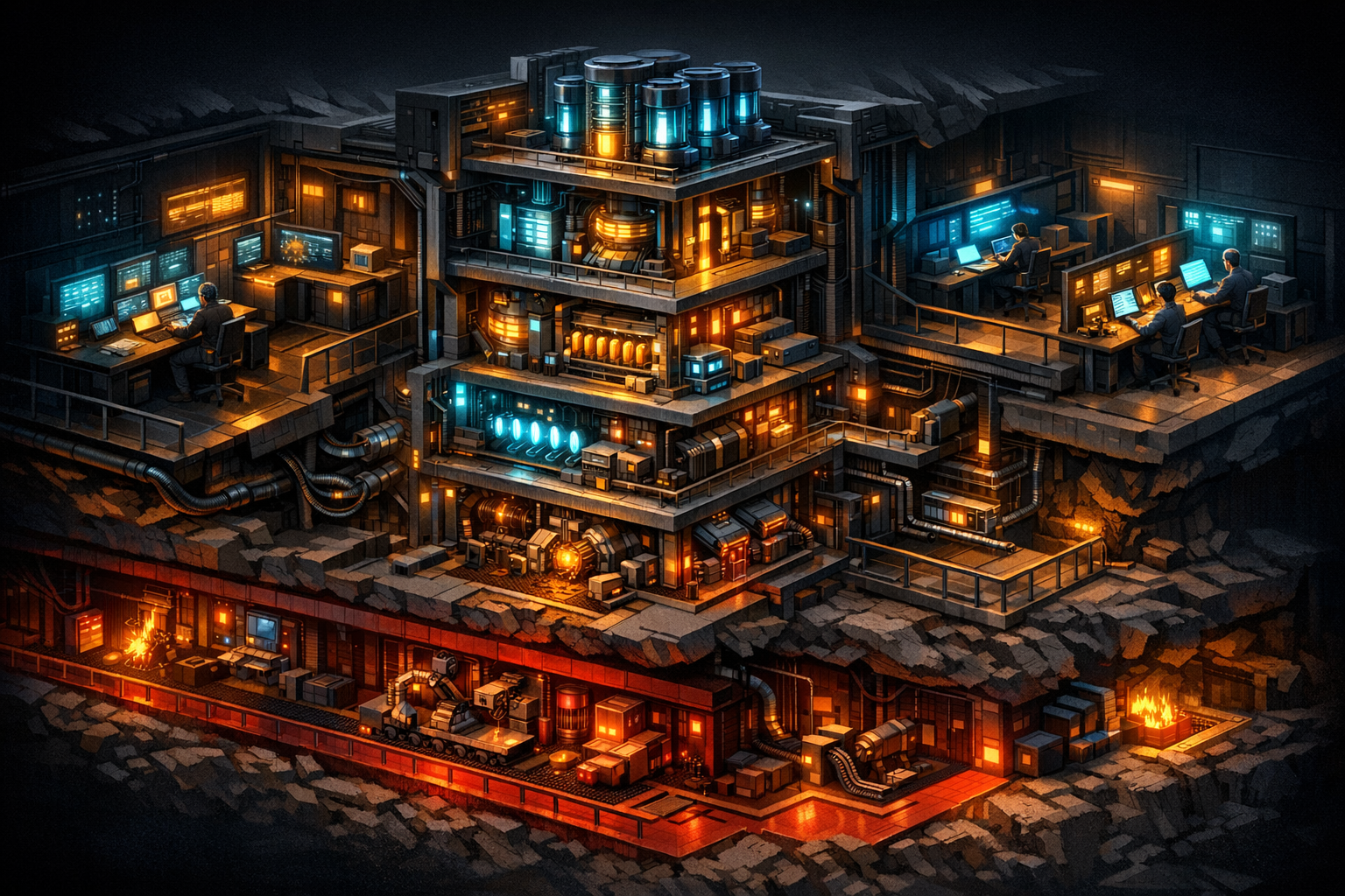 Isometric architectural cutaway on a dark graphite background with warm amber and electric cyan accents. Left zone shows an operator console layer with Sparkles as the human entry point, including app