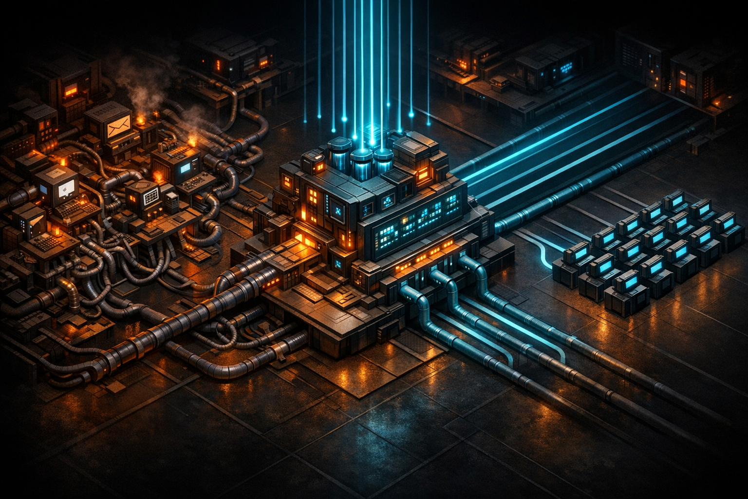 Create an isometric architectural scene on a dark workshop background with warm amber, steel gray, and electric cyan accents. The left zone shows a chaotic older agent fleet as scattered workbenches w