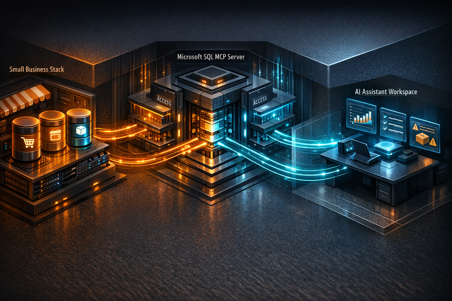 Create a polished isometric diagram on a dark slate background with warm amber and electric cyan accents. Left zone: a small business stack shown as a storefront-inspired data room with three clean da