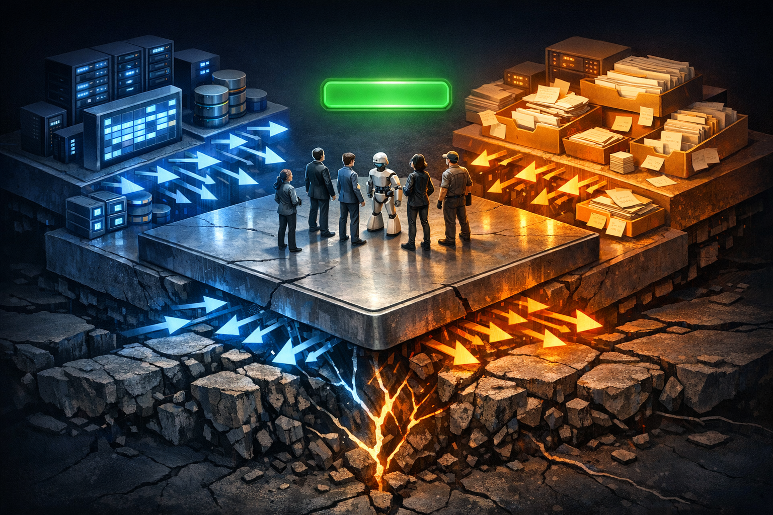 Create an isometric architectural cutaway of a split-brain agent platform. On the left, show a cool-blue "Database Control Plane" with tables, event streams, and task records. On the right, show a war