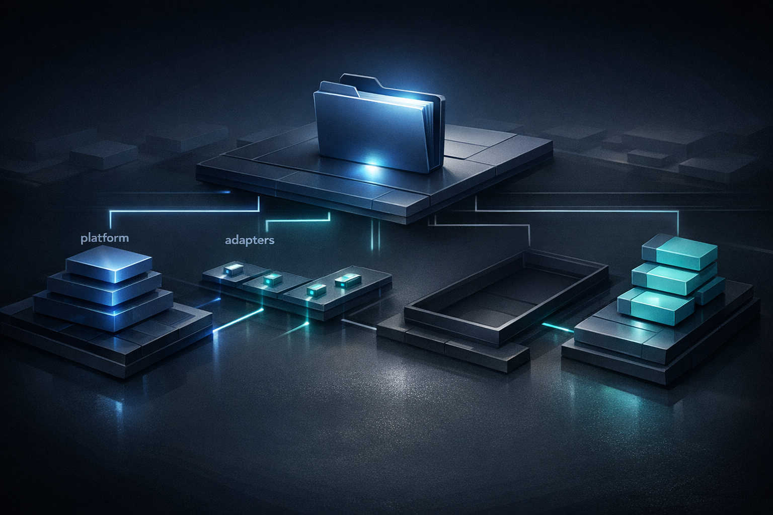 Show a clean, modern repository architecture diagram for `ess-agent-platform`. Use a central monorepo folder at the top, branching into four major sections: `platform`, `adapters`, `agents`, and `docs