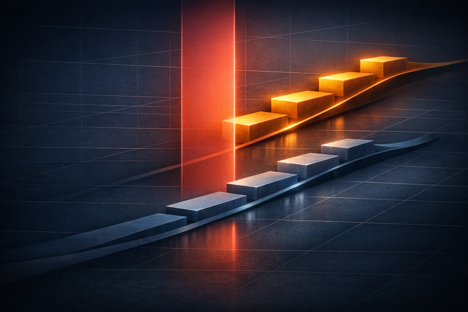 Create a polished executive timeline graphic on a dark navy background with subtle grid lines. Show two horizontal paths from 2026 to 2029. The top path, labeled "Early Mover," rises in four increasin