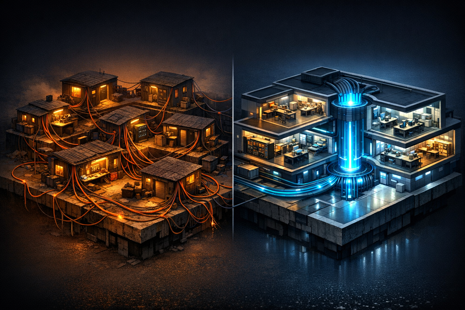 Isometric cutaway of two contrasting architectures side by side. LEFT side labeled "Before" shows twelve scattered small workshop buildings connected by tangled, fraying cables in orange and red, with