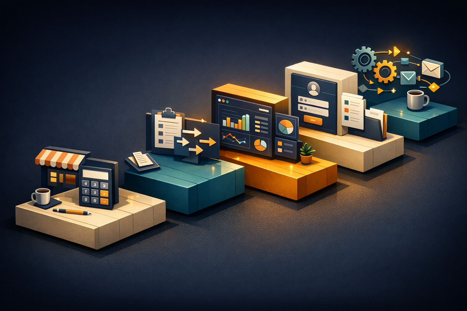 An isometric editorial illustration with five ascending platforms arranged left to right like stepping stones, each representing a progressively more advanced small-business app. Platform one shows a