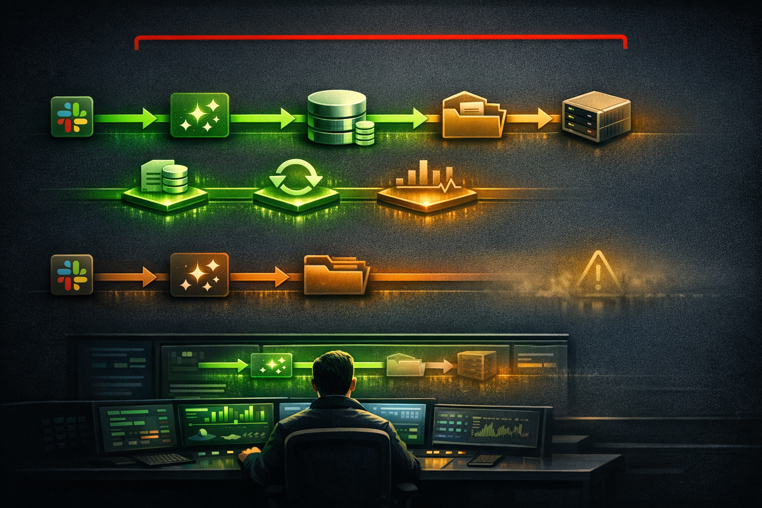 Clean editorial diagram on a dark slate background with two parallel horizontal flows. On the left, a green path labeled "Primary Control Plane" runs from Slack to Sparkles to a database queue to a wo