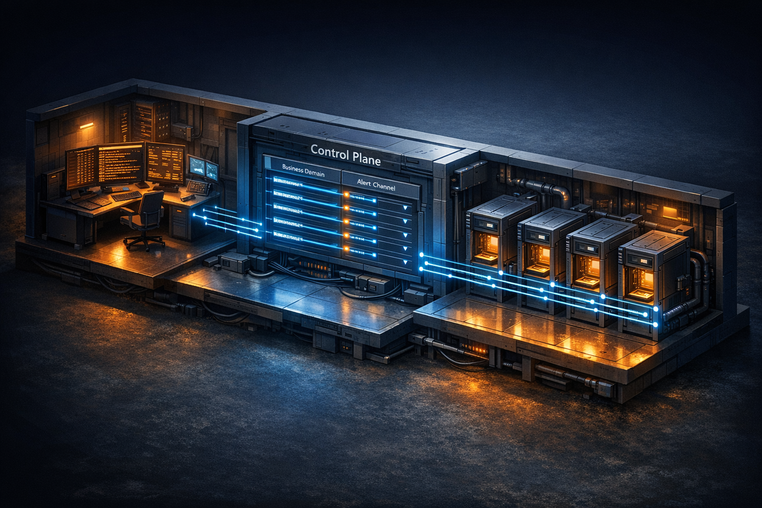 Isometric cross-section of a control room with three labeled zones. Left zone labeled "Operator Console" shows a terminal screen with business-name log entries streaming. Center zone labeled "Control